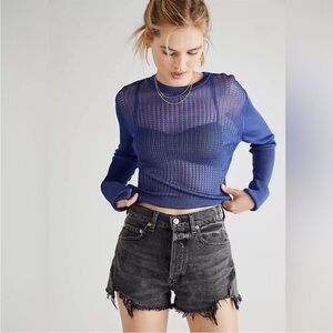 Free People H20 Crew Sheer Mesh Royal Blue Sweater Top Size XS